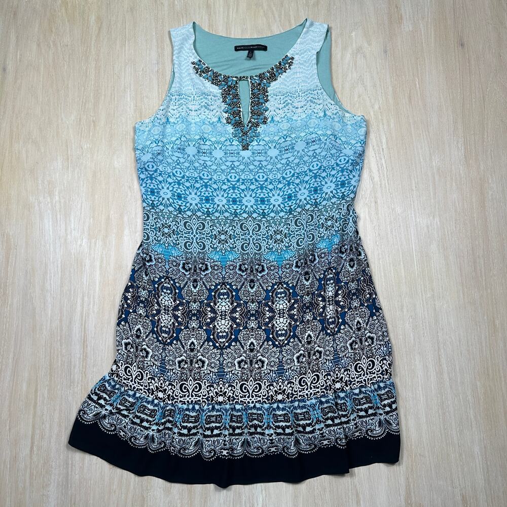 WHBM Oasis Blue Shift Lined Embellished Casual Party Romantic Work Dress Large